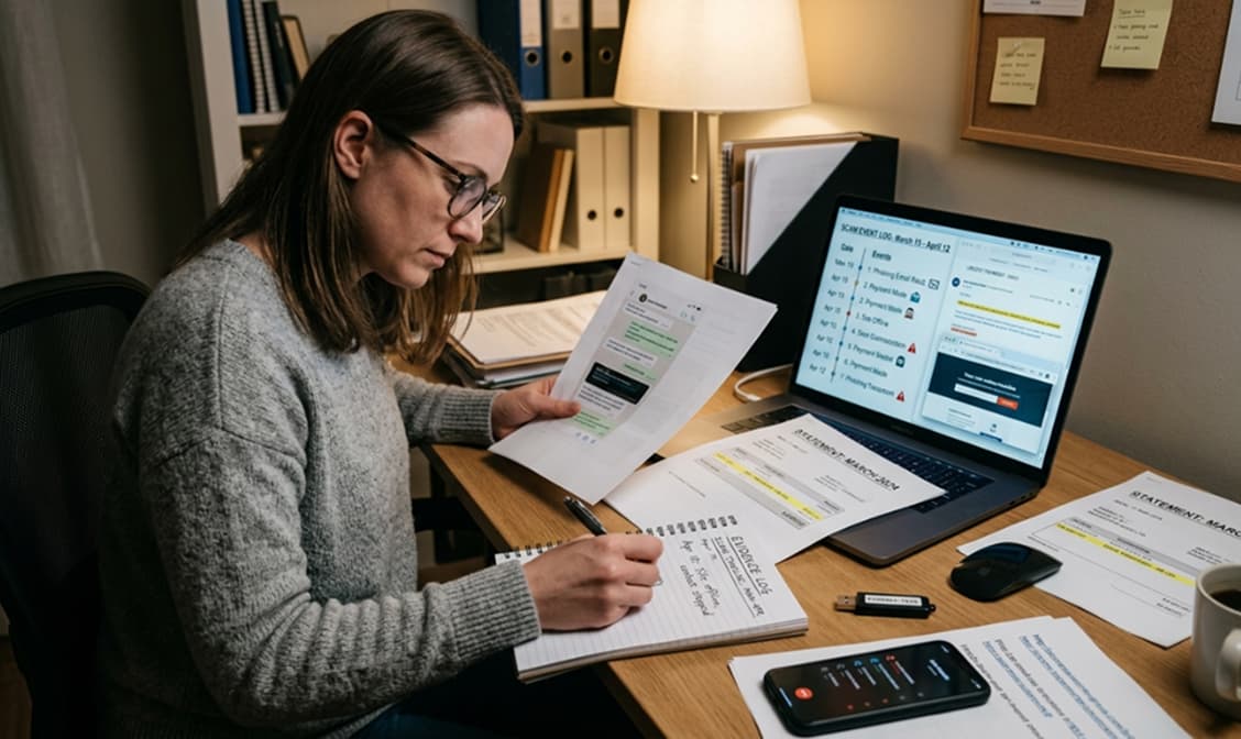 Person documenting an online scam with laptop and notes