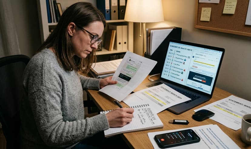 Person documenting an online scam with laptop and notes